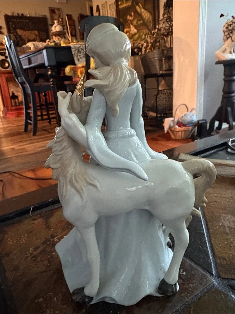 Porcelain Girl with Unicorn Figurine - White and Blue Accent
